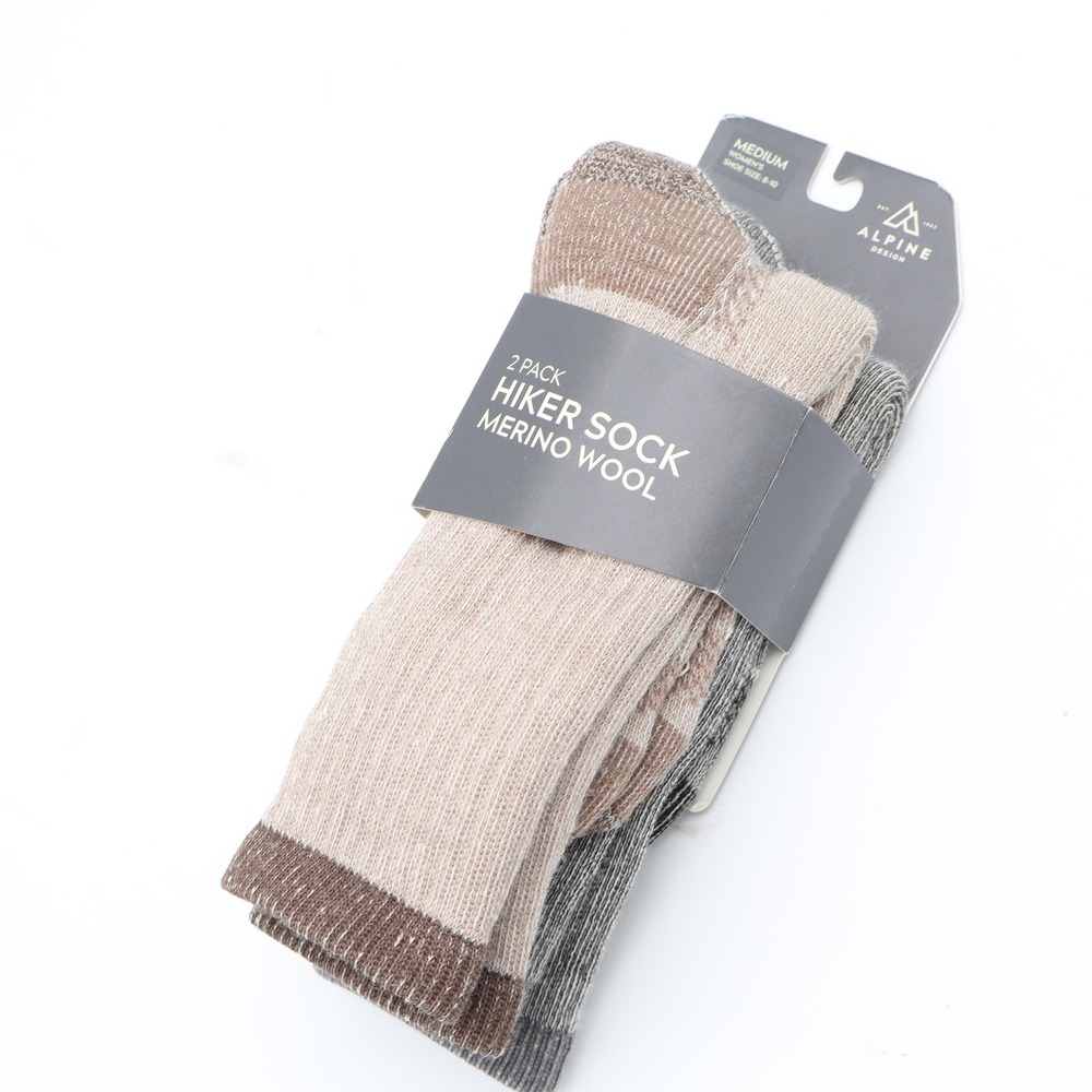 Alpine Design Women Hiker Sock Merino Wool 2 Pack Brown Grey Medium Size 5-10